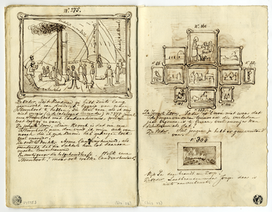 135553 Afbeelding van een aantal schilderijen met geschreven commentaar.